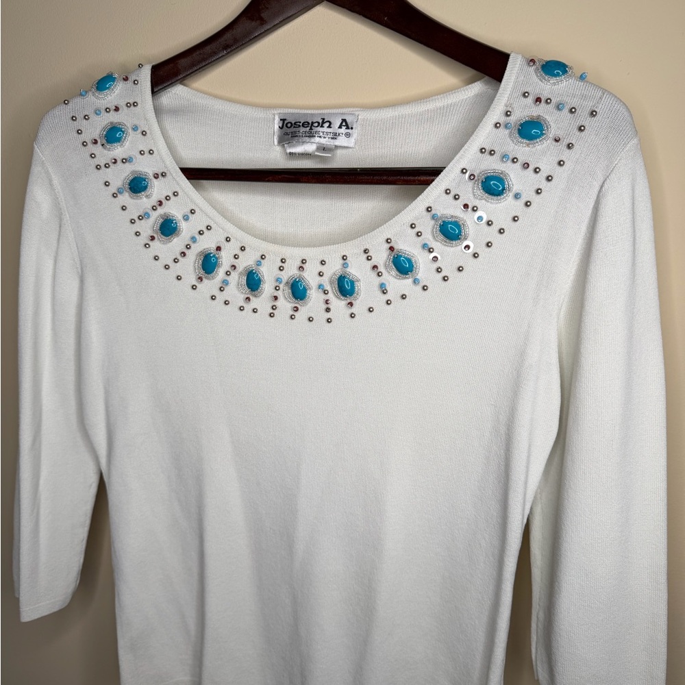 Vintage Joseph A 3/4 Sleeve Beaded Neckline Y2K Blouse Large White Spring Boho - Picture 6 of 6